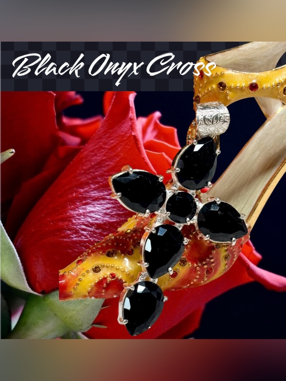 STUNNING genuine Black Onyx Cross Pendant Necklace - 925